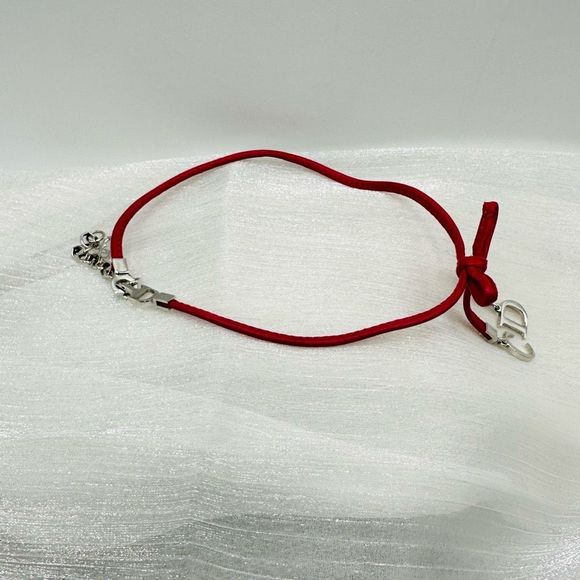 Dior Hot Pink/Red Leather Bow Silver CD Logo Necklace - Picture 3 of 8
